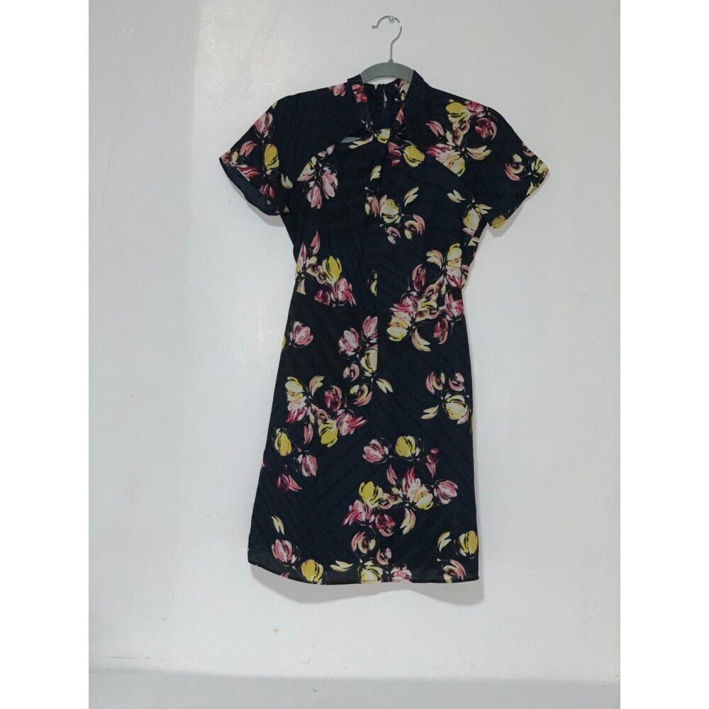 Banana Republic Navy Blue Floral Cutout Twist Neck Fit Flare Dress Size 2Petite - Picture 4 of 7